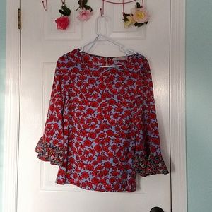 Blue and Red Floral Bell-Sleeved Blouse